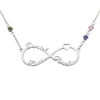 Custom 3 Names Infinity Necklace with Birthstones in Silver