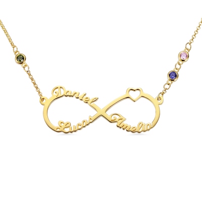 Custom 3 Names Infinity Necklace with Birthstones in Gold
