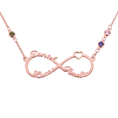 Custom 3 Names Infinity Necklace with Birthstones in Rose Gold