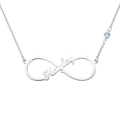 Custom Single Name Infinity Necklace with Birthstone in Silver