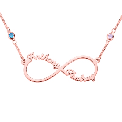 Customized Infinity Two Name Birthstone Necklace In Rose Gold