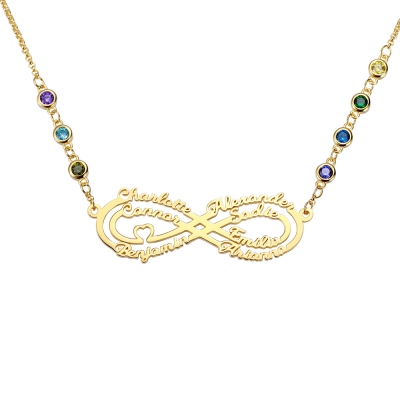 Personalized 7 Names Infinity Necklace with Birthstone in Gold