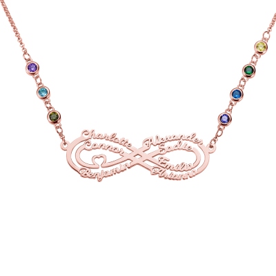 Personalized 7 Names Infinity Necklace with Birthstone in Rose Gold