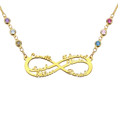 Customized 6 Names Infinity Birthstone Necklace in Gold