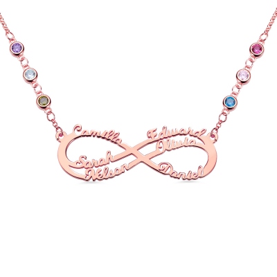 Customized 6 Names Infinity Birthstone Necklace in Rose Gold