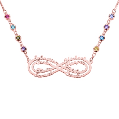 Customized 8 Names Infinity Birthstone Necklace in Rose Gold