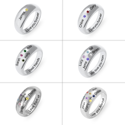 Personalized Names Ring with Birthstones in Silver