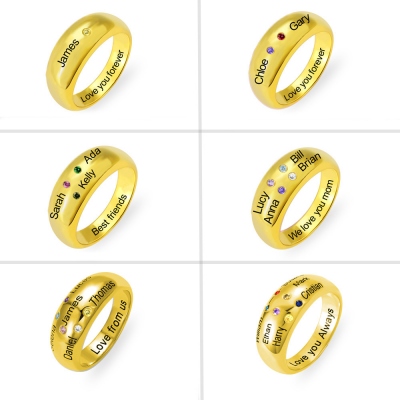 Personalized Names Ring with Birthstones in Gold