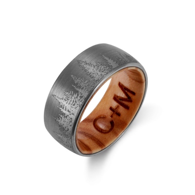 Engraved Wood Ring with Forest Trees Nature Ring for Men