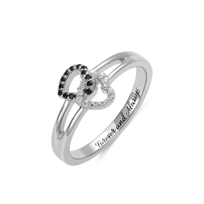 Engraved Double Heart Ring with  Birthstones in Silver