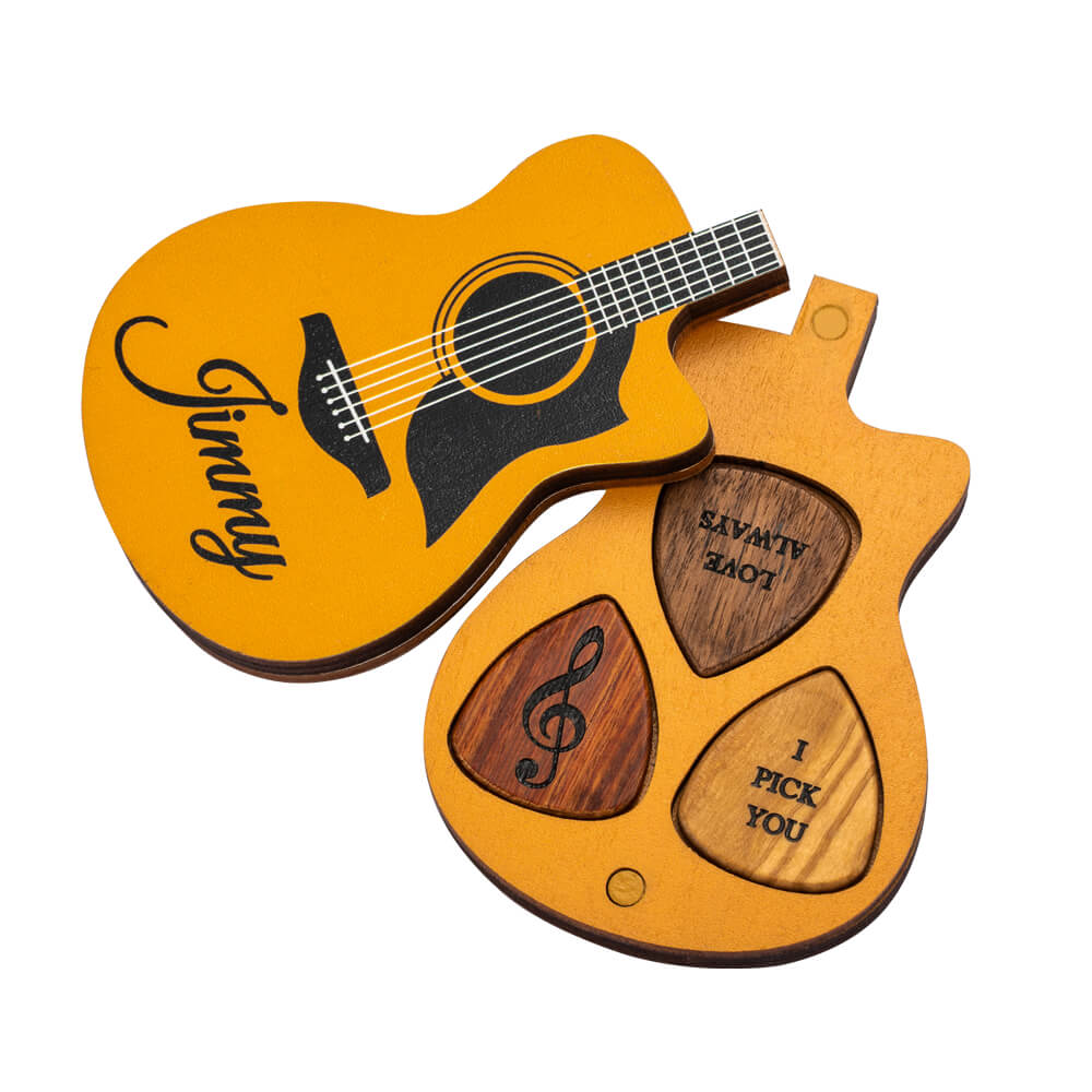 Palhetas de guitarra de madeira personalizadas com estojo de armazenamento, caixa de suporte gravada, presente de aniversário para músico tocador de guitarra