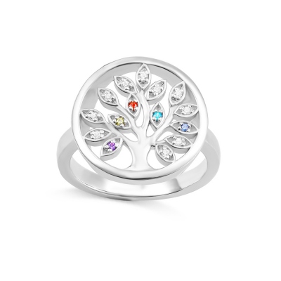 Personalized Family Tree Birthstone Ring in Silver