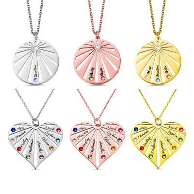 Customized Round & Heart-shaped Fan Birthstone Family Necklace