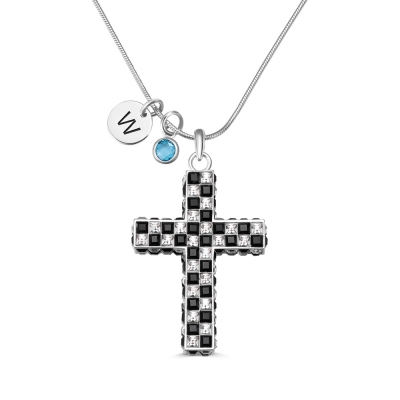 Check Flag Cross Necklace with Custom Birthstone & Initial