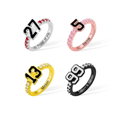 Personalized Sports Number Birthstone Ring with Engraved Text, Basketball Baseball Mom Ring Gift for Sport Lovers