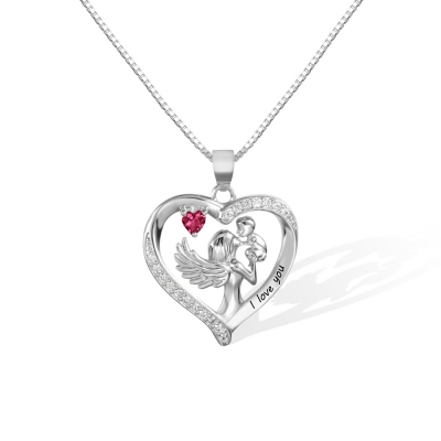 Personalisierte Name Herz Halskette mit Geburtsstein, Engel Anhänger Schmuck, Mutter und Kind Halskette, Geschenk für Mutter/Oma/Ehefrau