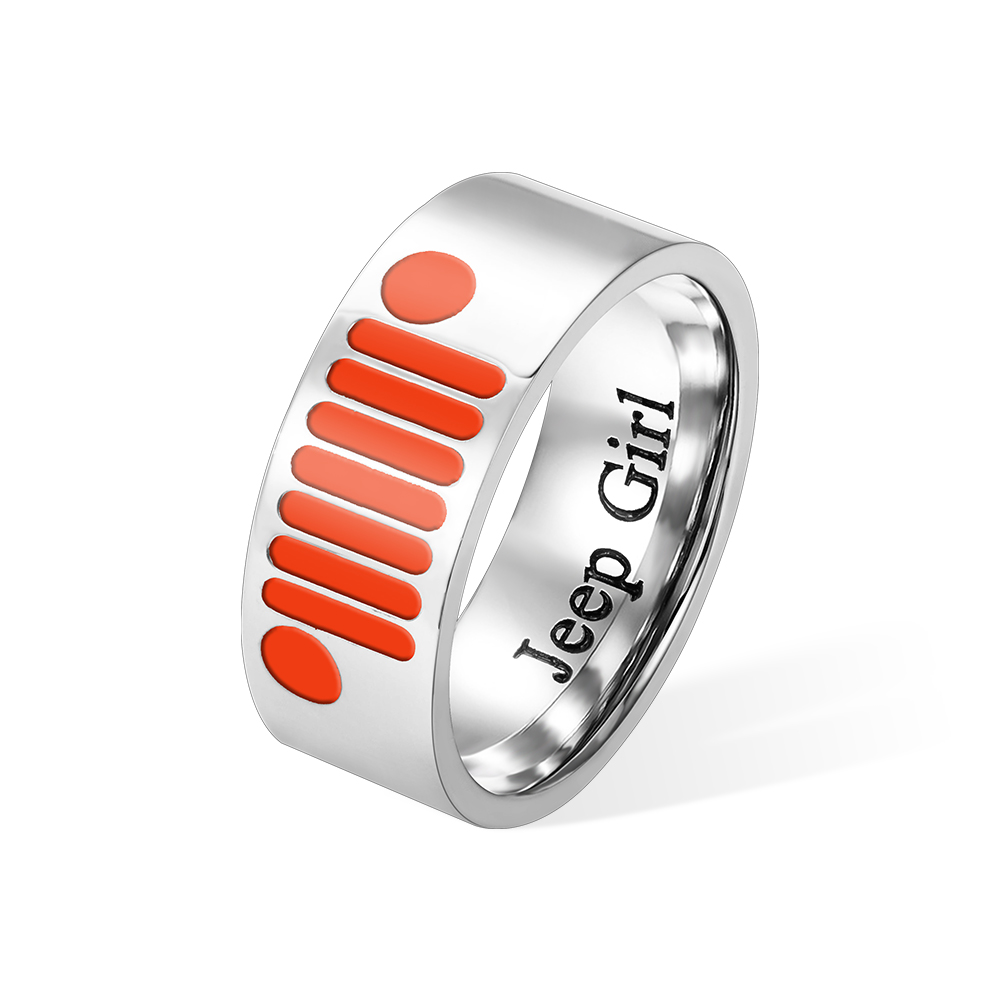 Anel de jipe com nome personalizado, anel unissex de aço inoxidável com grade de jipe e padrão de faróis, presente de joias para garota de jipe/cara de jipe/amantes de jipe