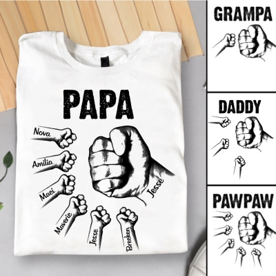 Chemise papa/grand-père personnalisée avec nom, grand-père avec chemise mains à mains de petits-enfants, T-shirt en coton, cadeau d'anniversaire/fête des pères pour papa/grand-père