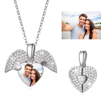 Custom Photo Heart Locket Necklace with Cubic Zirconia, Silver Jewelry Necklaces, Birthday/Mother's Day Gift for Women/Mom/Her/Lover