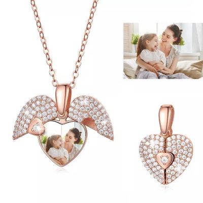 Custom Photo Heart Locket Necklace with Cubic Zirconia, Rose Gold Jewelry Necklaces, Birthday/Mother's Day Gift for Women/Mom/Her/Lover