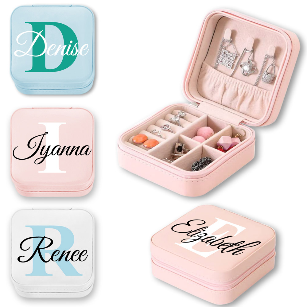 Caixa de joias personalizada com nome e inicial, caixa de joias portátil, caixa organizadora de joias de couro vegano, presente para mulheres