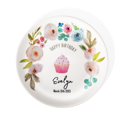 Piatto di buon compleanno personalizzato con nome e data, piatto da dessert per torta floreale pastello in ceramica personalizzato, regalo per compleanno/festa a tema per bambini