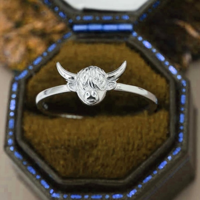 Anneau de vache Highland, anneau de taureau en argent sterling, bijoux célestes animaux mignons, anneau pour femmes/filles