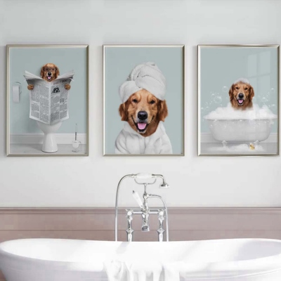 Ensemble de 3 portraits d'animaux de compagnie personnalisés, portrait drôle de chien ou de chat, animal de compagnie dans la baignoire, chien dans les toilettes, art de la salle de bain de l'animal de compagnie, cadeau personnalisé pour chien mam