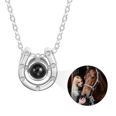 Personalized Horse Projection Necklace, Sterling Silver Memorial Necklace in 100 Languages, Horseshoe Jewelry, Gifts for Horse Lover/Women