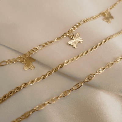 18K Gold Filled Butterfly Anklet/Rope Anklet/Mariner Anklet Set of 3, Stainless Steel Anklet Chain, Birthday/Mother's Day Gift for Wife/Mom/Girlfriend
