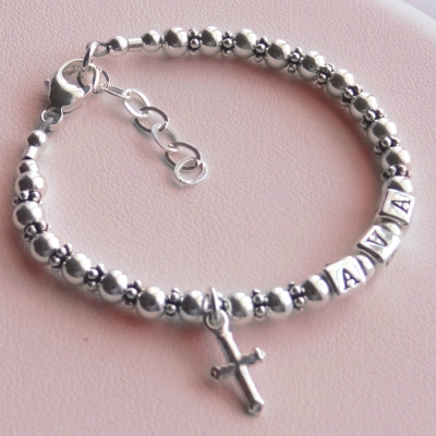 Bracelet de nom de croix personnalisé, bracelet de perles en argent sterling 925, bracelet de perles avec nom, cadeau de baptême pour bébé/garçon/fille