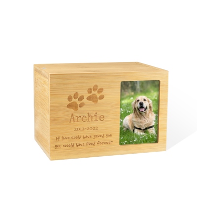 Personalisierte Holzkiste für die Einäscherung von Haustieren mit Foto und Nachricht, Haustierurne, Gedenkurne, Erinnerungsgeschenk