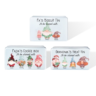 Boîte à biscuits gnome de Noël personnalisée, gnome de Noël Clipart Treats Tin, Gnome Family Clipart Storage Tin, Gnome Family Souvenirs, GIft for Gnome Lovers/Kids