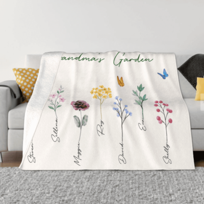 Coperta da giardino personalizzata della nonna con fiori del mese di nascita e nomi dei nipoti, coperte personalizzate, coperte di flanella, lavabile in lavatrice, delicato sulla pelle