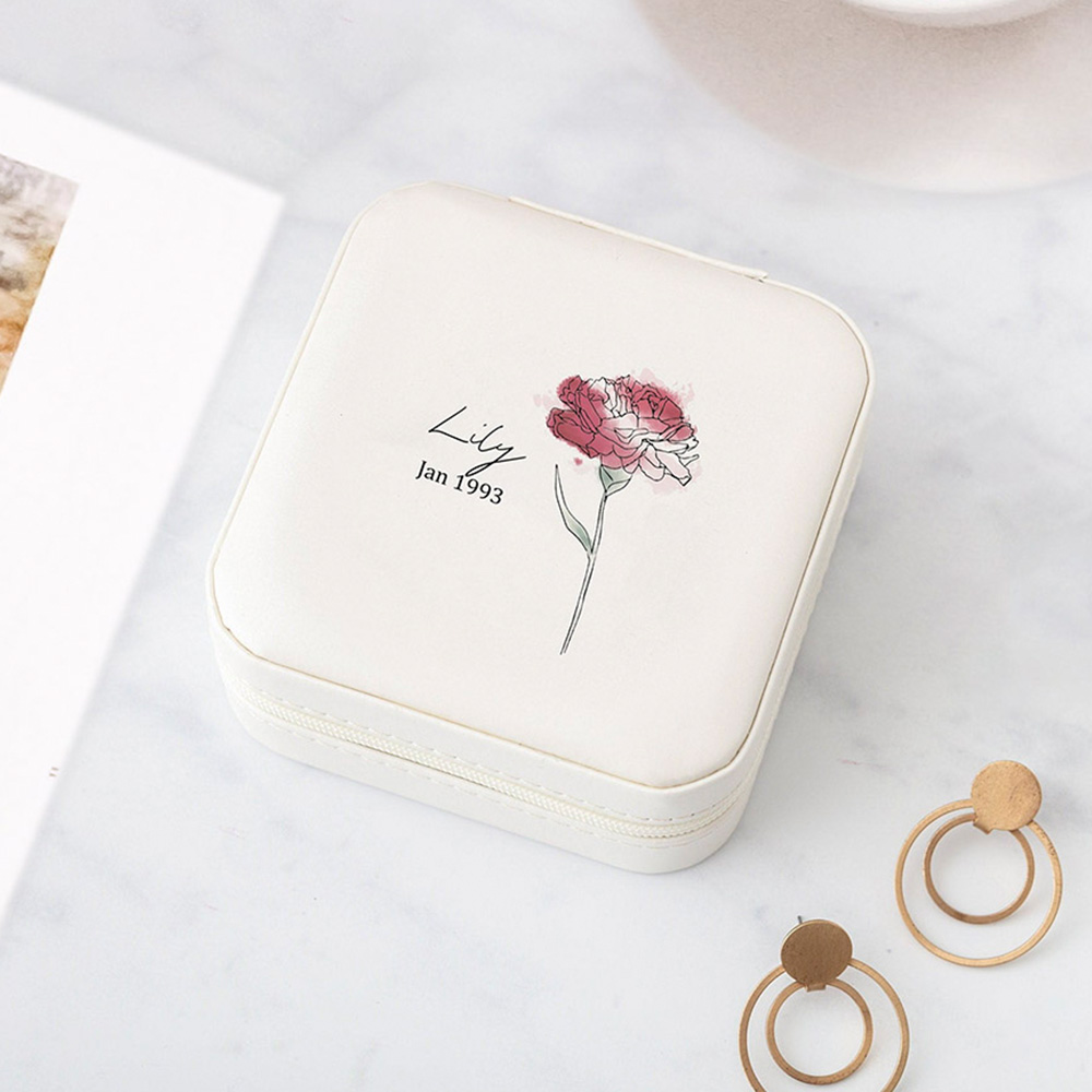 Custom Name Jewelry Box With Birth Flowers Jewelry Travel Case