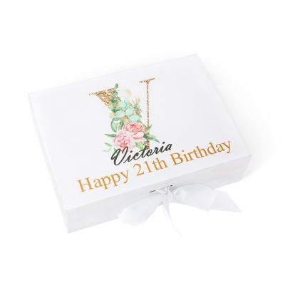 Boîte-cadeau personnalisée initiale et nom avec couvercle et ruban, boîte de rangement florale magnétique personnalisée, boîte-cadeau de luxe, demoiselle d'honneur/Noël/cadeau d'anniversaire