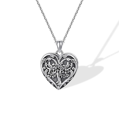 Personligt Tree of Life medaljonghalsband, Mässing/Sterling Silver 925 Heart Photo Locket Halsband, Graverat halsband, Present till fru/mor/mormor