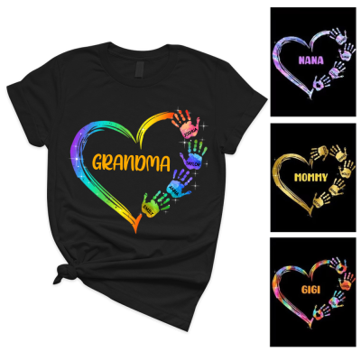 Kundenspezifisches buntes Herz-Handdruck-Shirt, personalisiertes Mutter-Oma-Shirt, Oma-Herz- und Handdruck-Shirt, Geburtstags-/Muttertagsgeschenk für Mutter/Oma