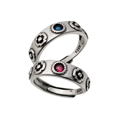 Vintage rot und blau Edelstein Ringe mit Blume, Sterling Silber 925 Ring, verstellbarer Ring, Geschenk für Howl's Moving Castle Fans