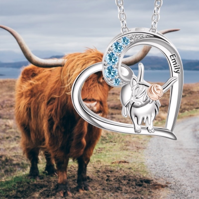 Collier vache Highland avec coeur, collier incrusté de zircon, pendentif vache en acier inoxydable/argent sterling 925, cadeaux pour mère/femme