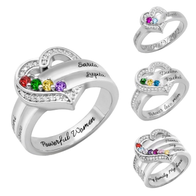 Customized Heart Design Sterling Silver Ring Engraved 1-8 Birthstones and Names, Birthday Mother's Day Gift for Women