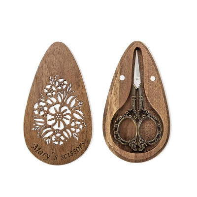 Ciseaux de style européen/cigogne personnalisés avec boîte magnétique en bois gravé, ciseaux de broderie d'art vintage, petits ciseaux de couture, cadeau pour femme