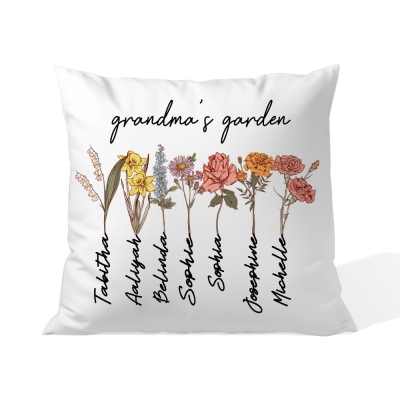 Copertura del cuscino da giardino personalizzata della nonna con i nomi dei nipoti, federa personalizzata Birthflower, i migliori regali della nonna del mondo, federa del nome di famiglia