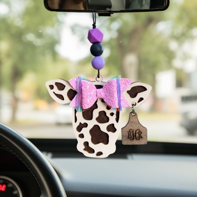 Custom Highland Cattle Cow Print Car Charm with Bow, Rear View Mirror Accessories with Engraved Name Tag, Birthday Gift for Women/Cow Lover