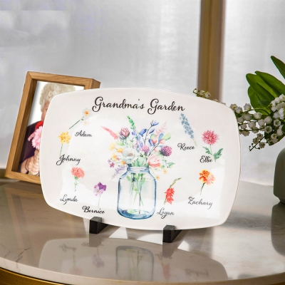 Benutzerdefinierte Geburtsblume Nanas Gartenplatte, Geburtsblumenplatte mit Namen, Blumen im Glas, Muttertagsgeschenk für Oma, Oma-Geschenk von Enkelkindern