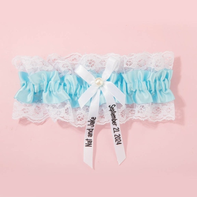 Personalized Sash Lace Garter with Name & Date, Something Blue, Custom Bridal Accessories, Wedding/Anniversary Gift for the Bride