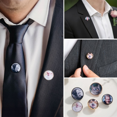 Anpassad fotoslagsnål, Memorial Boutonniere-nål för kostym för män, personlig bröllopsdagspresent till honom, brudgumgåva, anpassade knappnålar Designa din egen