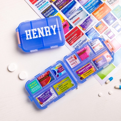 Taschenapotheke mit individuellem Namen, mit Etiketten, Mikro-Apotheke, Reise-Pillenbehälter, Mini-Medikamenten-Organizer, Pillen-Organizer, Reiseapotheke
