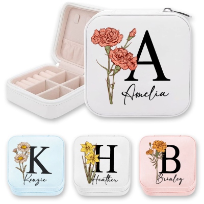 Personalized Birth Flower Jewelry Travel Case, Leather Jewelry Box with Initial & Name, Portable Floral Jewelry Organizer, Birthday Gift, Gifts for Wedding/Bridesmaid/Mom/Women