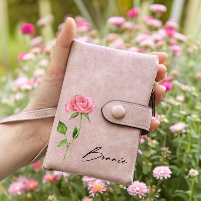 Personalized Leather Wallet, Colorful Birth Flower Wallet, Women's Wallet, Wallet with Coin Holder, Tri-Fold Wallet, Travel Accessories, Card Holder, Christmas Gift, Gift for Daughter/Mom